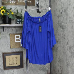24seven Comfort  Plus Size Lightweight Blouse Off the Shoulder Royal Blue 2X