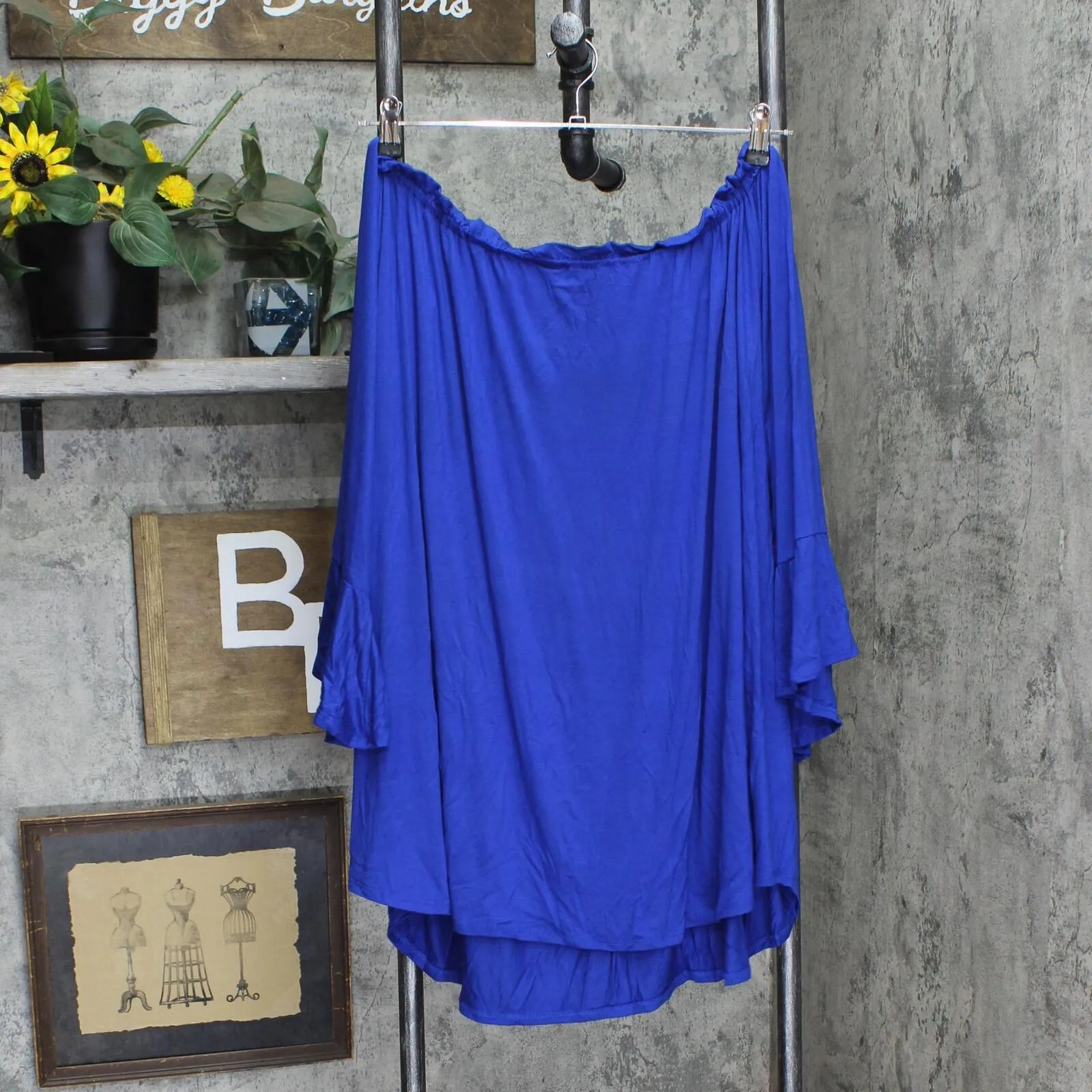24seven Comfort  Plus Size Lightweight Blouse Off the Shoulder Royal Blue 2X