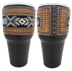 30 oz Insulated Black Tumbler with Removable Argentina Cow Leather Beaded Sleeve