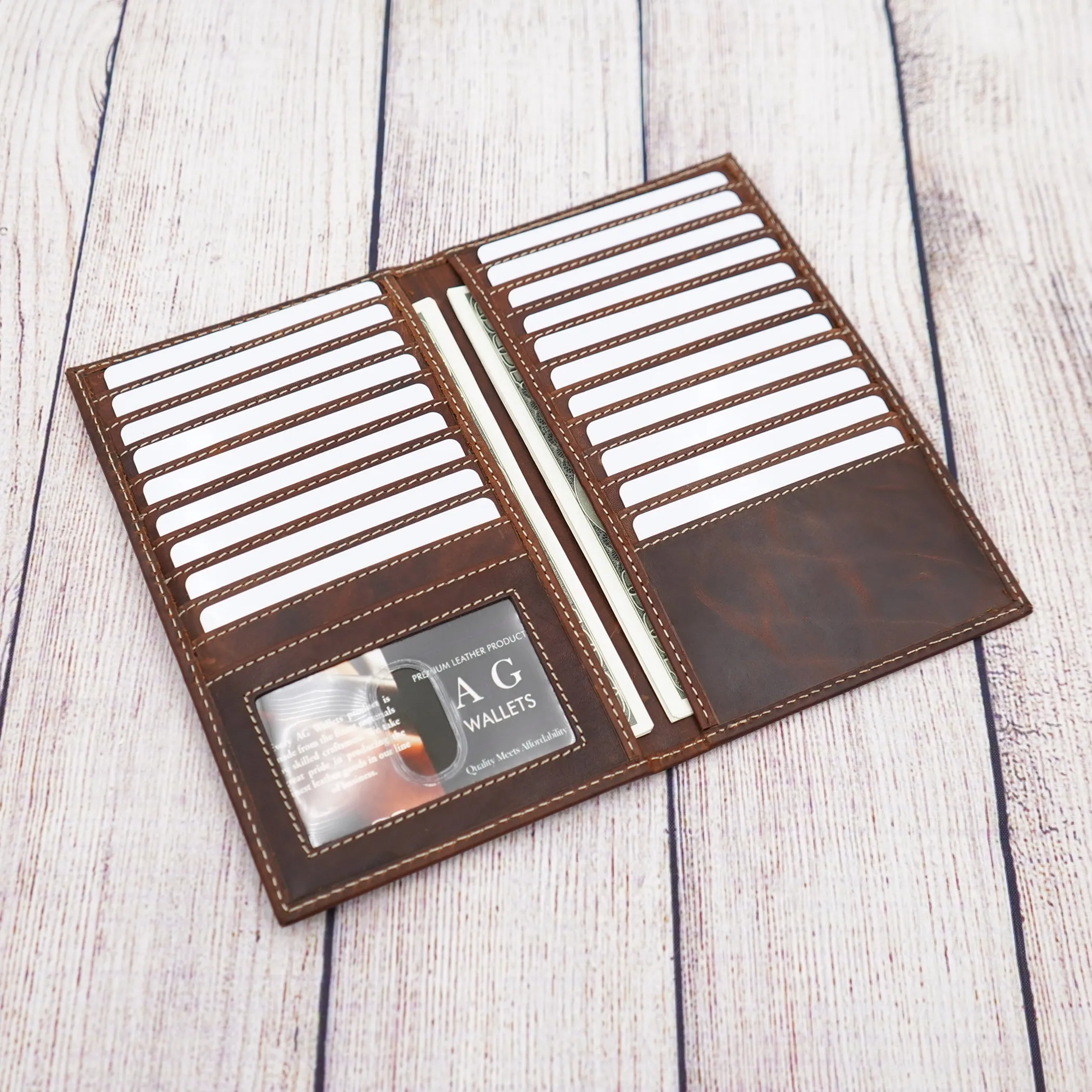 AG Wallets Distressed Brown Cowhide Leather Credit Card Organizer RFID Long Wallet, Holds Up To 20 Cards, 2 Side Cash Slots, 1 ID Slot
