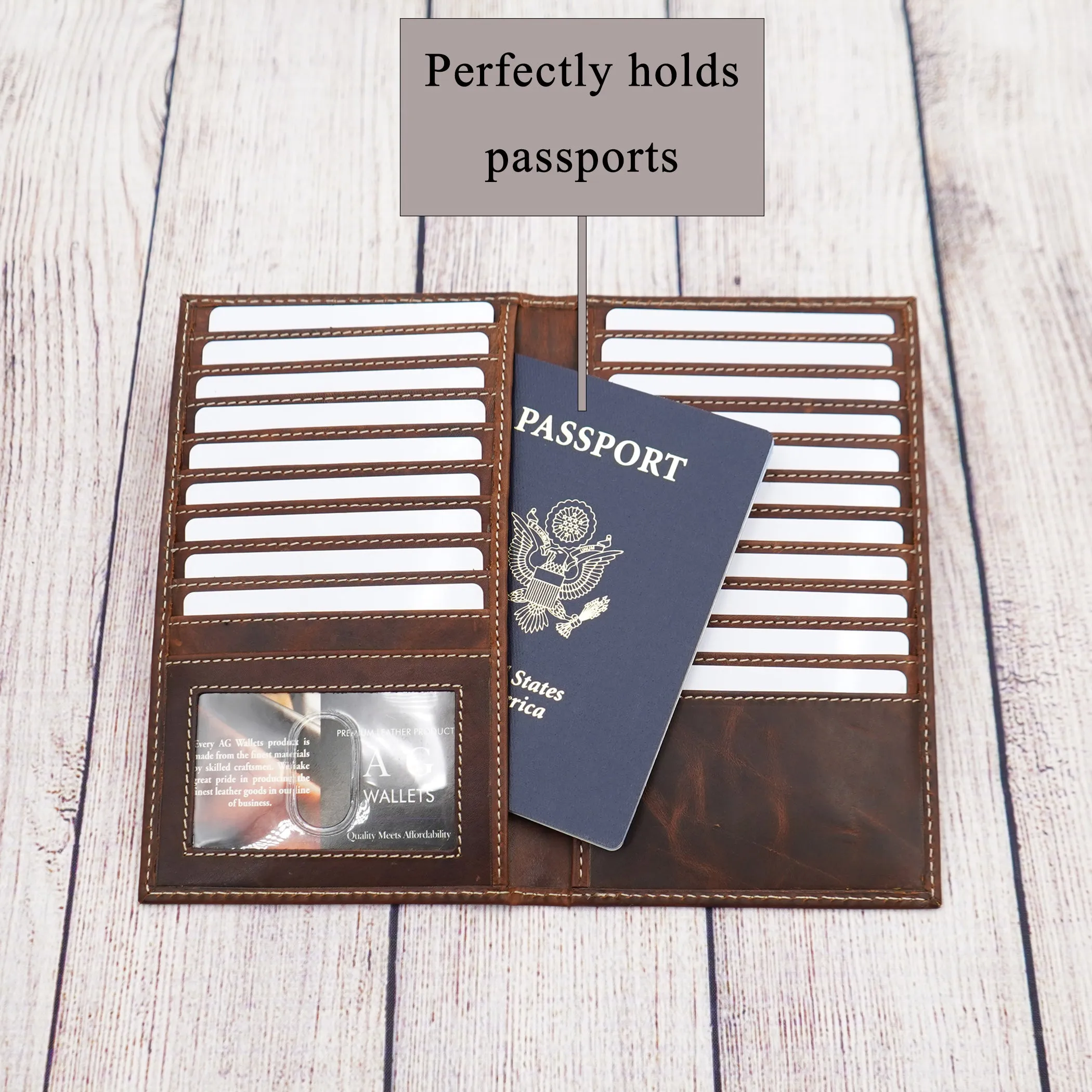 AG Wallets Distressed Brown Cowhide Leather Credit Card Organizer RFID Long Wallet, Holds Up To 20 Cards, 2 Side Cash Slots, 1 ID Slot