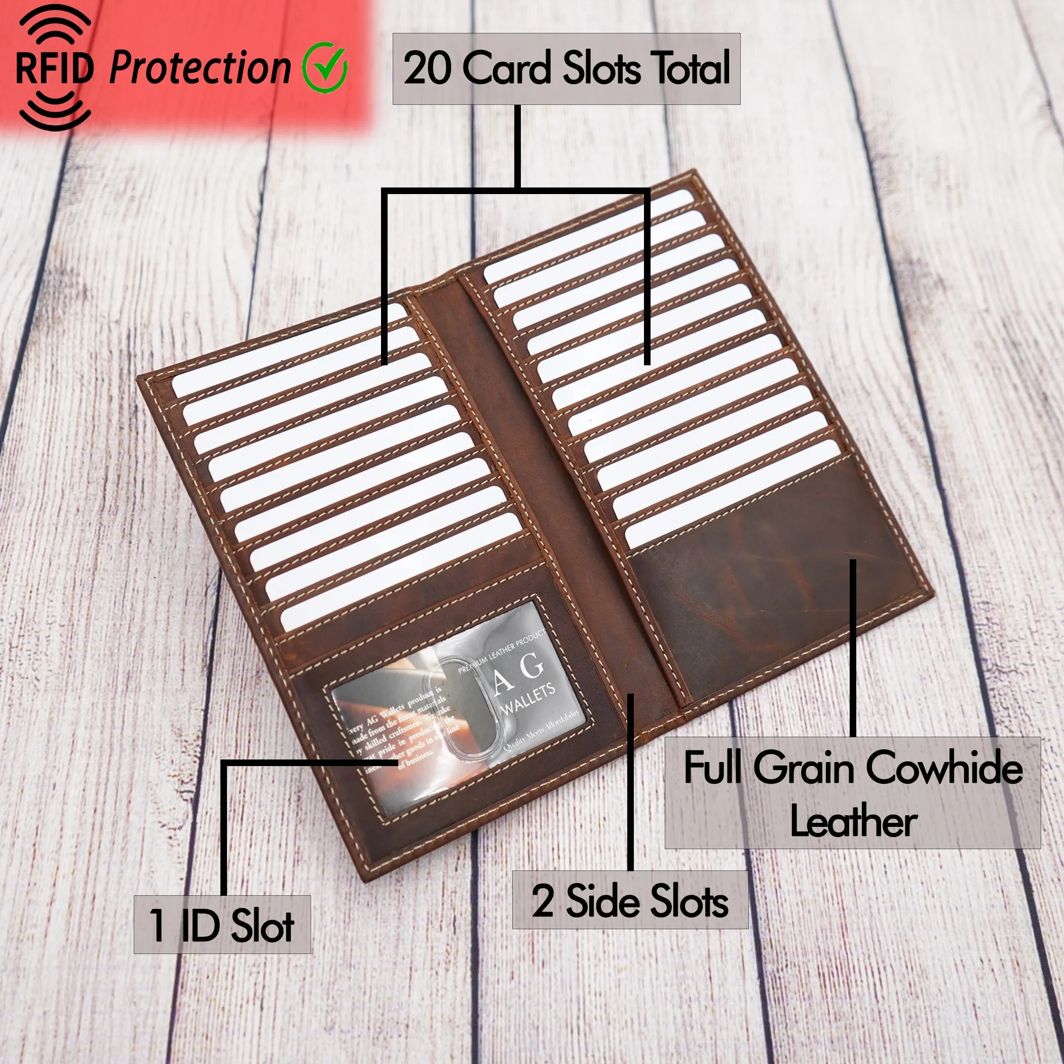 AG Wallets Distressed Brown Cowhide Leather Credit Card Organizer RFID Long Wallet, Holds Up To 20 Cards, 2 Side Cash Slots, 1 ID Slot