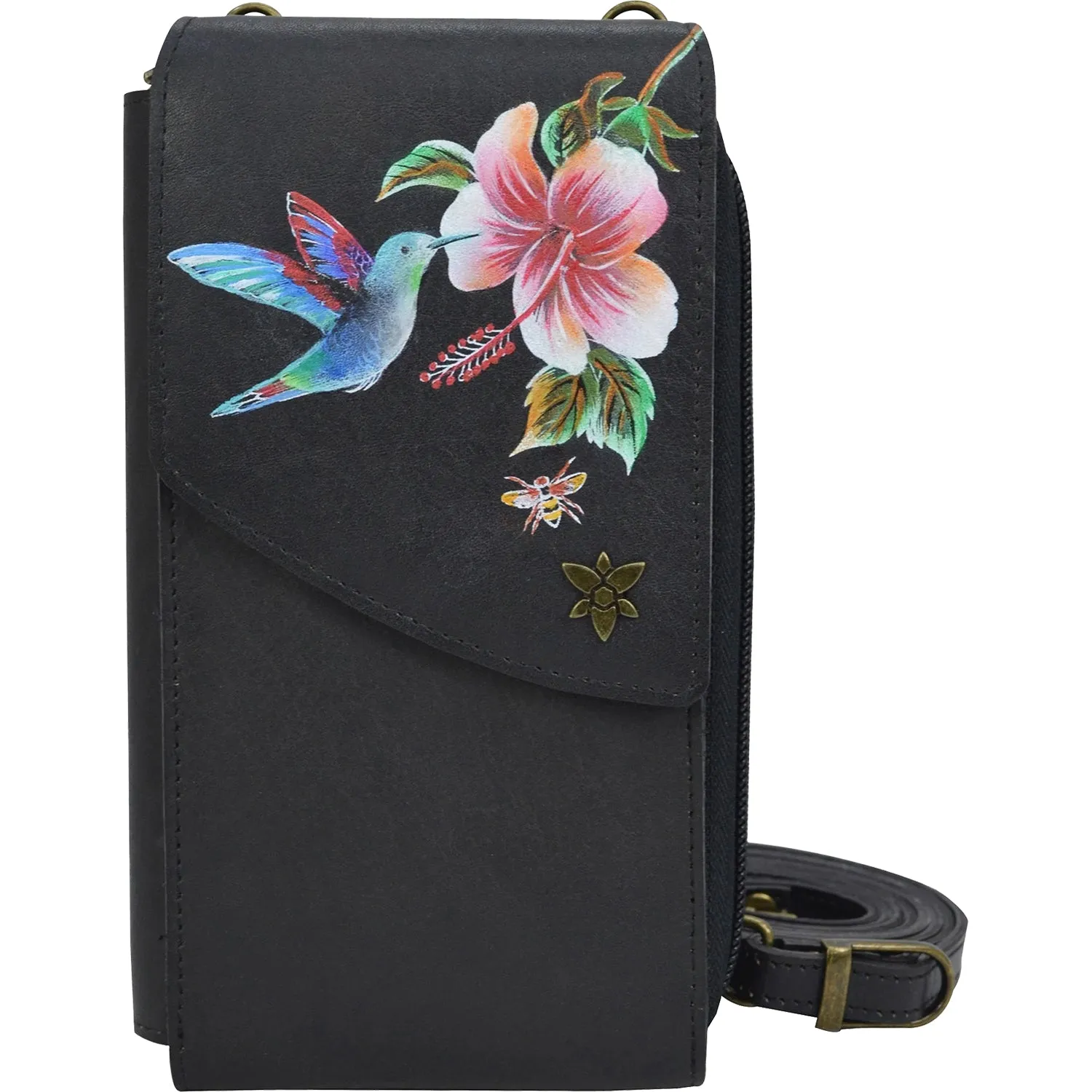 Anuschka Crossbody Phone Case Hummingbird Black Leather