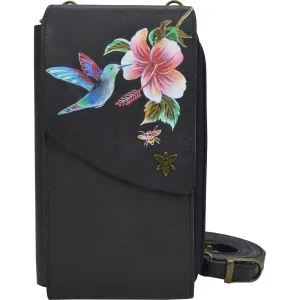Anuschka Crossbody Phone Case Hummingbird Black Leather