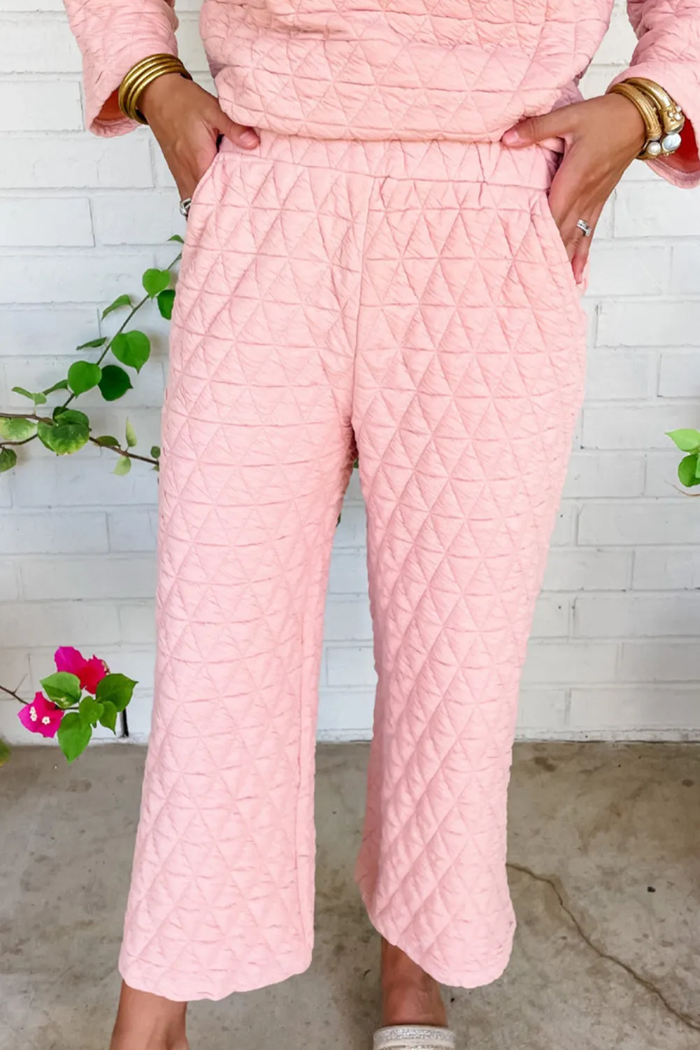 Apricot Powder Solid Quilted Long Sleeve Top Pants Outfit