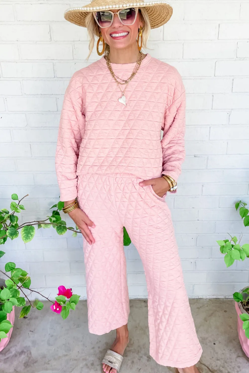 Apricot Powder Solid Quilted Long Sleeve Top Pants Outfit