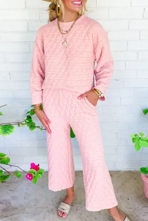 Apricot Powder Solid Quilted Long Sleeve Top Pants Outfit