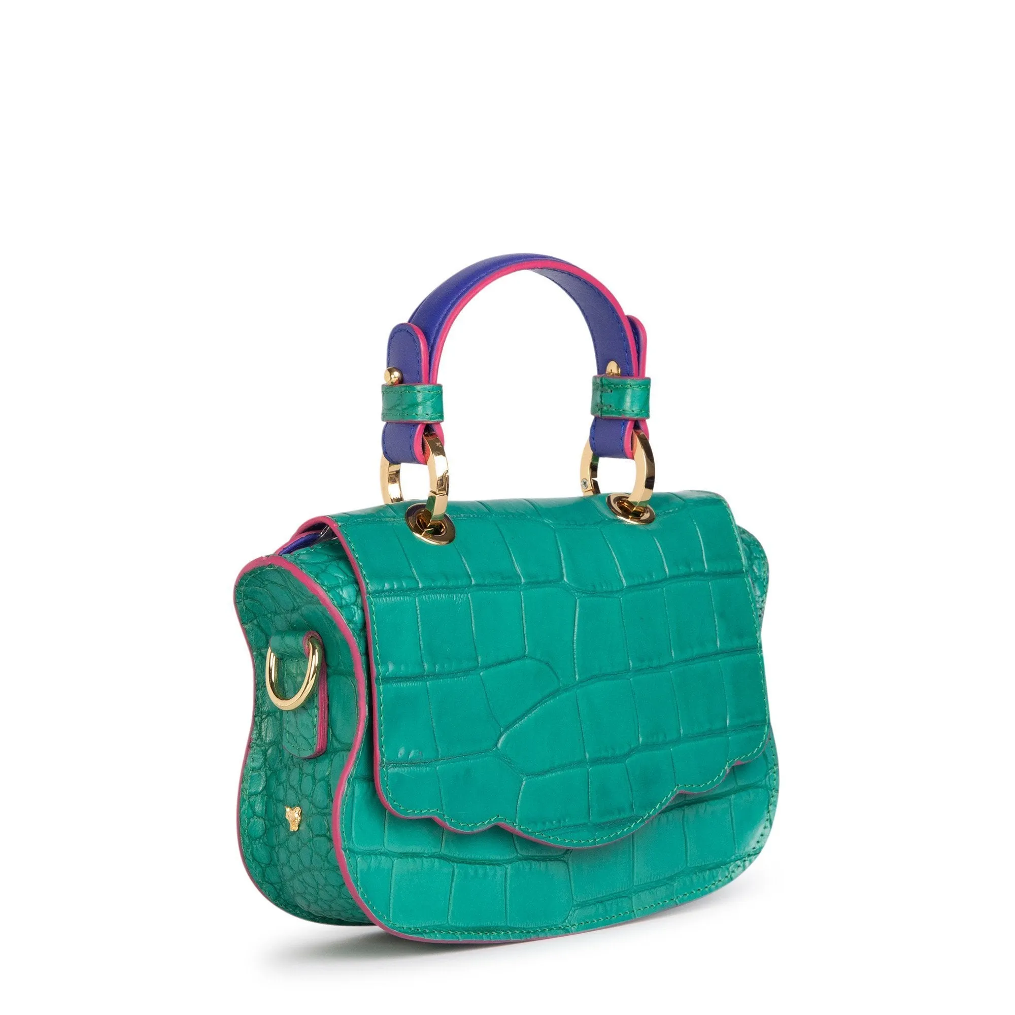 Audrey Micro: Green & Pink Croc-Embossed Designer Crossbody Bag