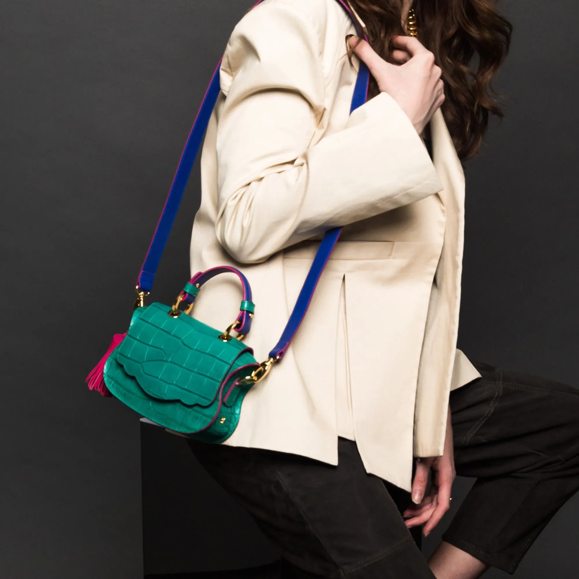 Audrey Micro: Green & Pink Croc-Embossed Designer Crossbody Bag