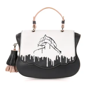 Audrey Satchel: Black Designer Handbag with Black & White Drip Design