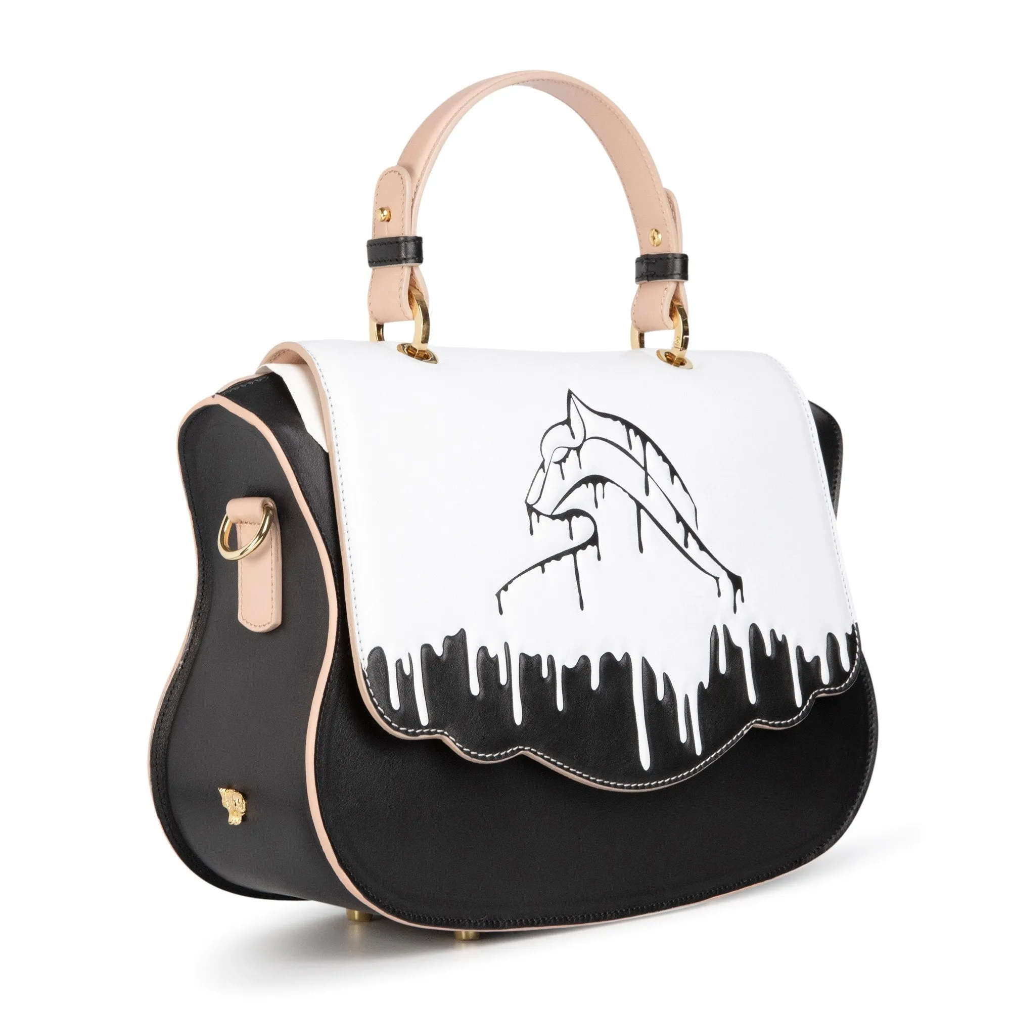 Audrey Satchel: Black Designer Handbag with Black & White Drip Design