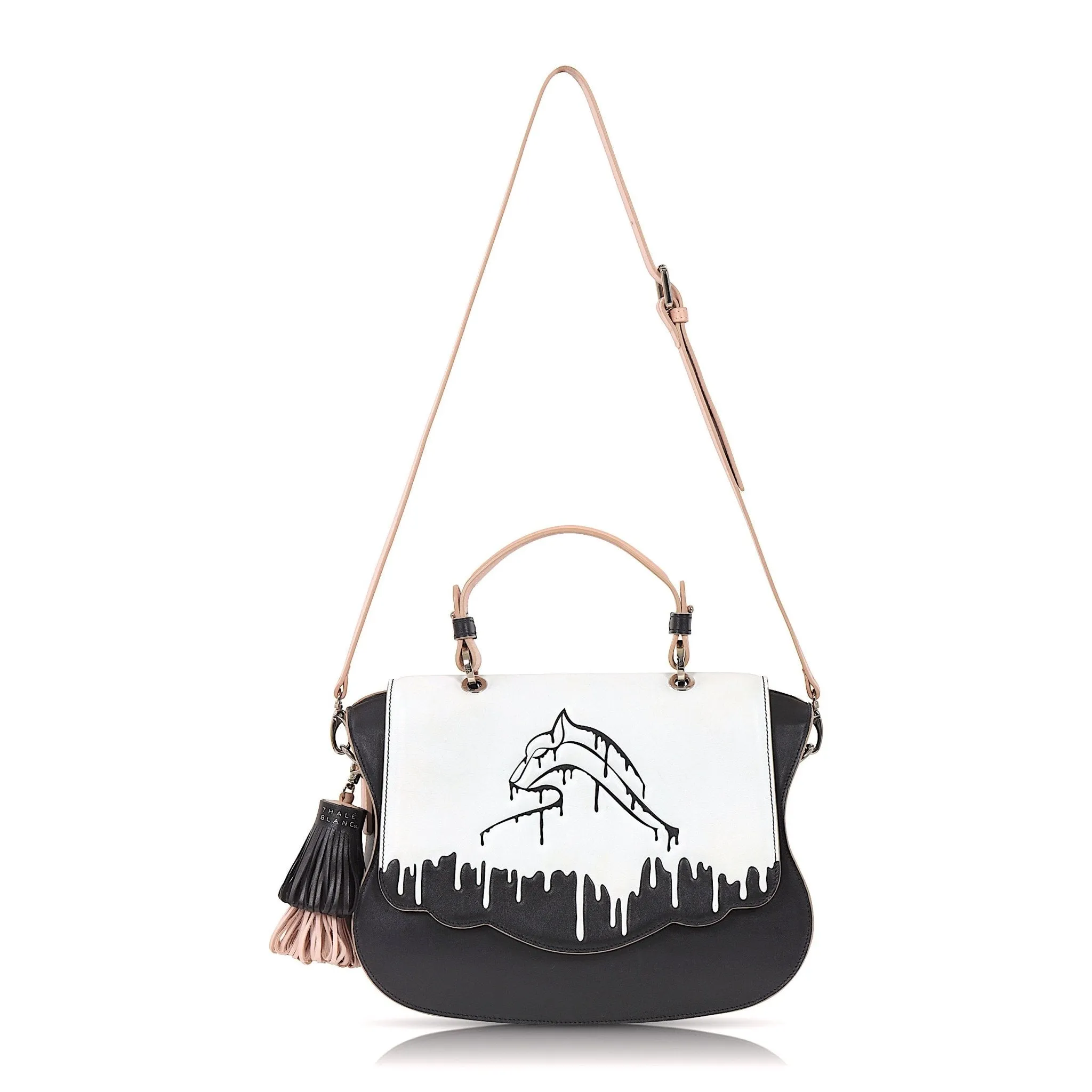 Audrey Satchel: Black Designer Handbag with Black & White Drip Design