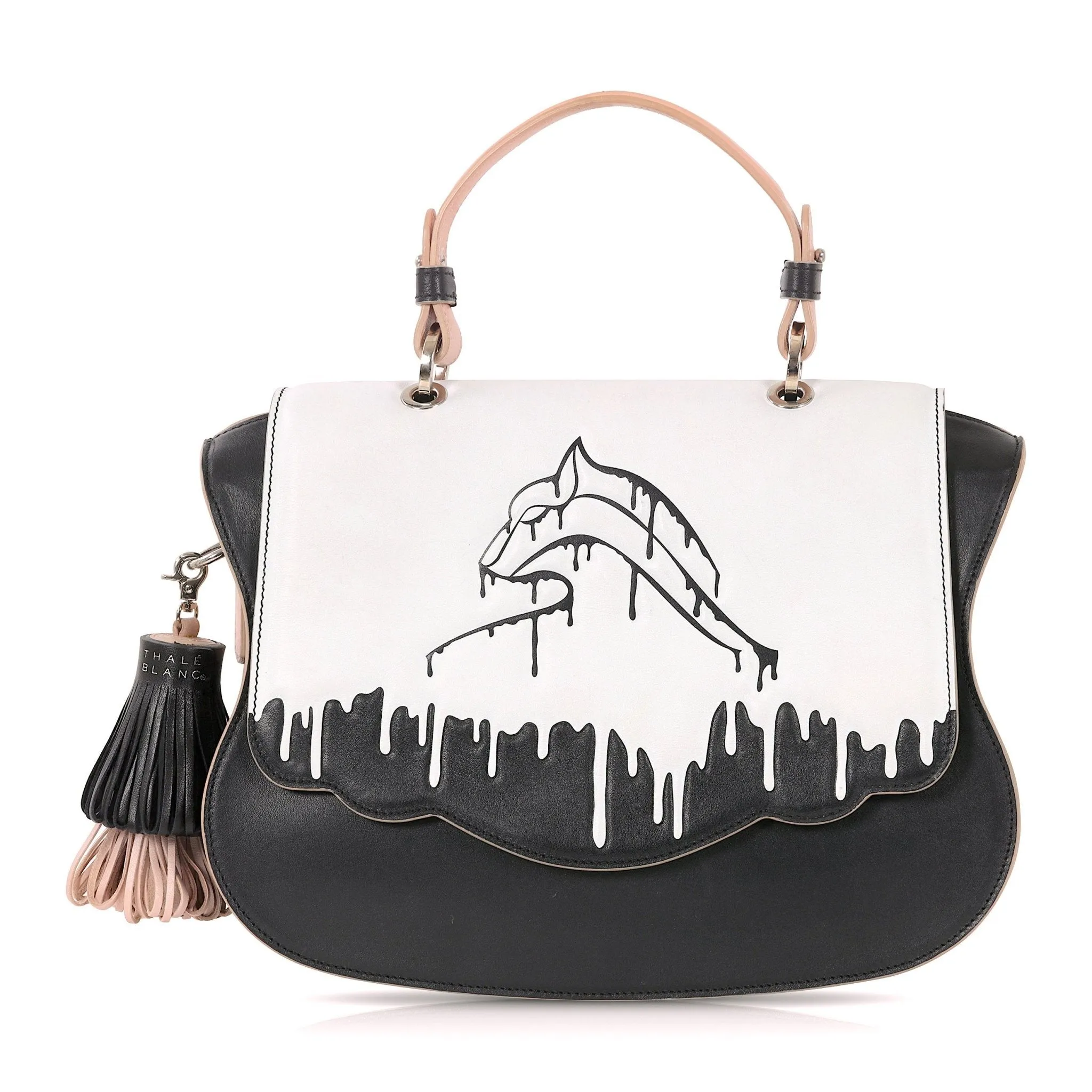 Audrey Satchel: Black Designer Handbag with Black & White Drip Design