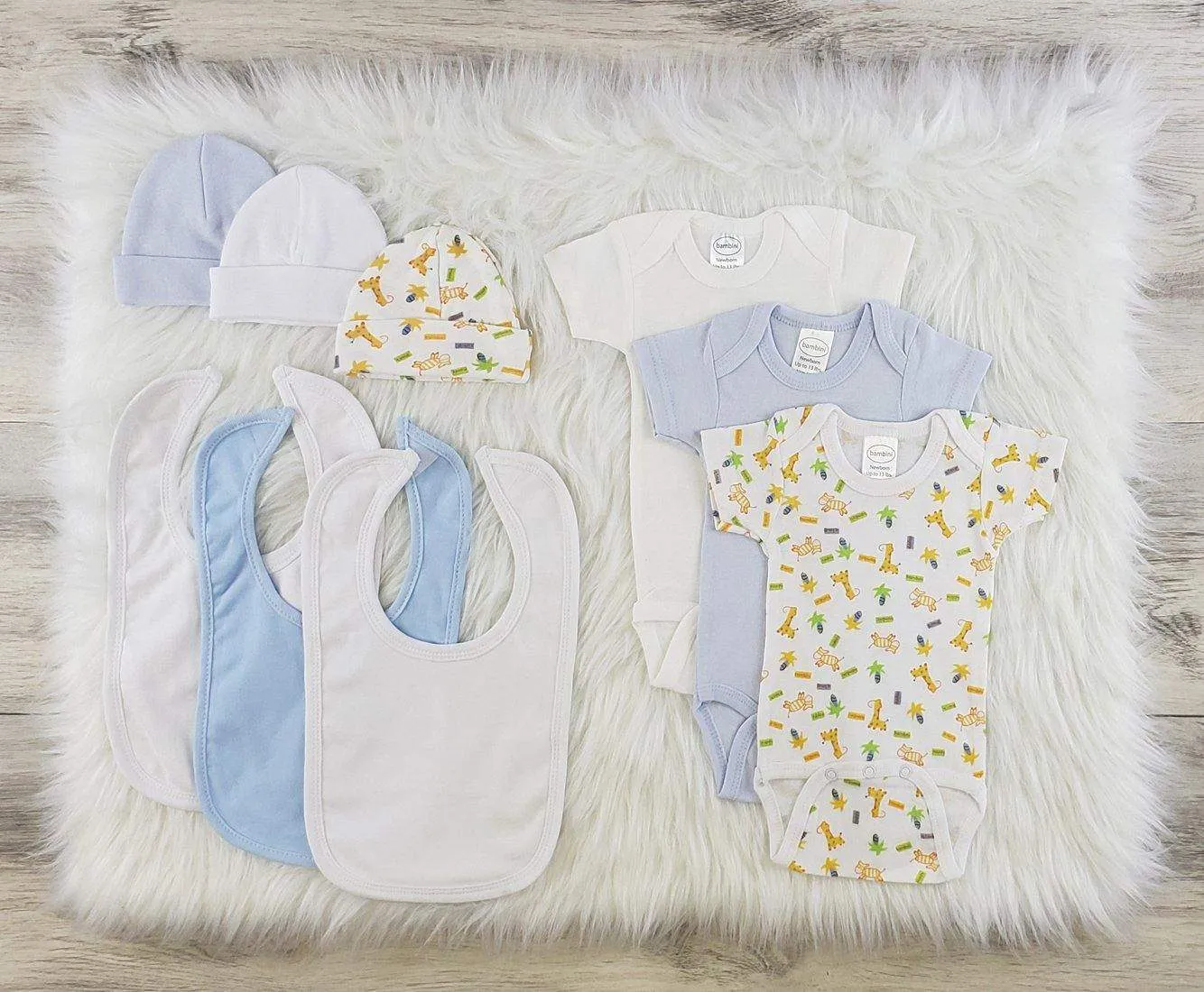 Bambini 9 Pc Boy Layette Baby Bib, Onesies, Beanies Clothes Set (NB,S,M,L)