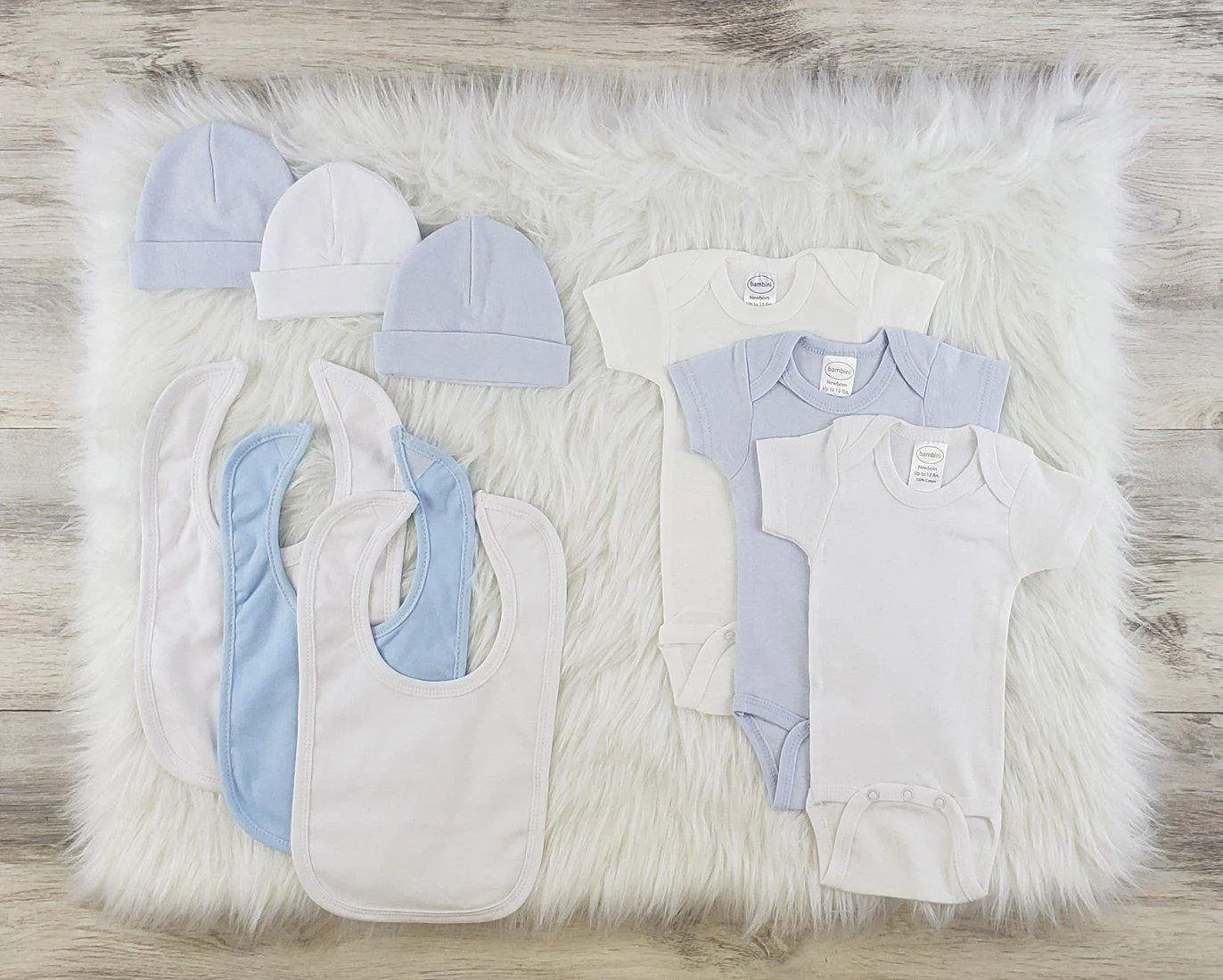Bambini 9 Pc Boy Layette Baby Bib, Onesies, Beanies Clothes Set (NB,S,M,L)