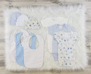 Bambini 9 Pc Boy Layette Baby Bib, Onesies, Beanies Clothes Set (NB,S,M,L)