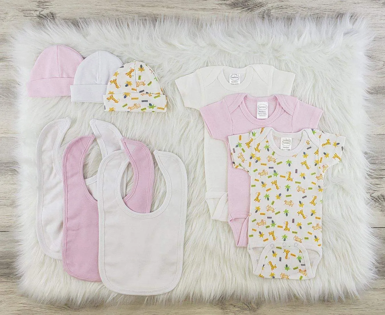 Bambini 9 Pc Girl Layette Bibs, Beanies, Onesies Baby Clothes Set (NB,S,M,L)