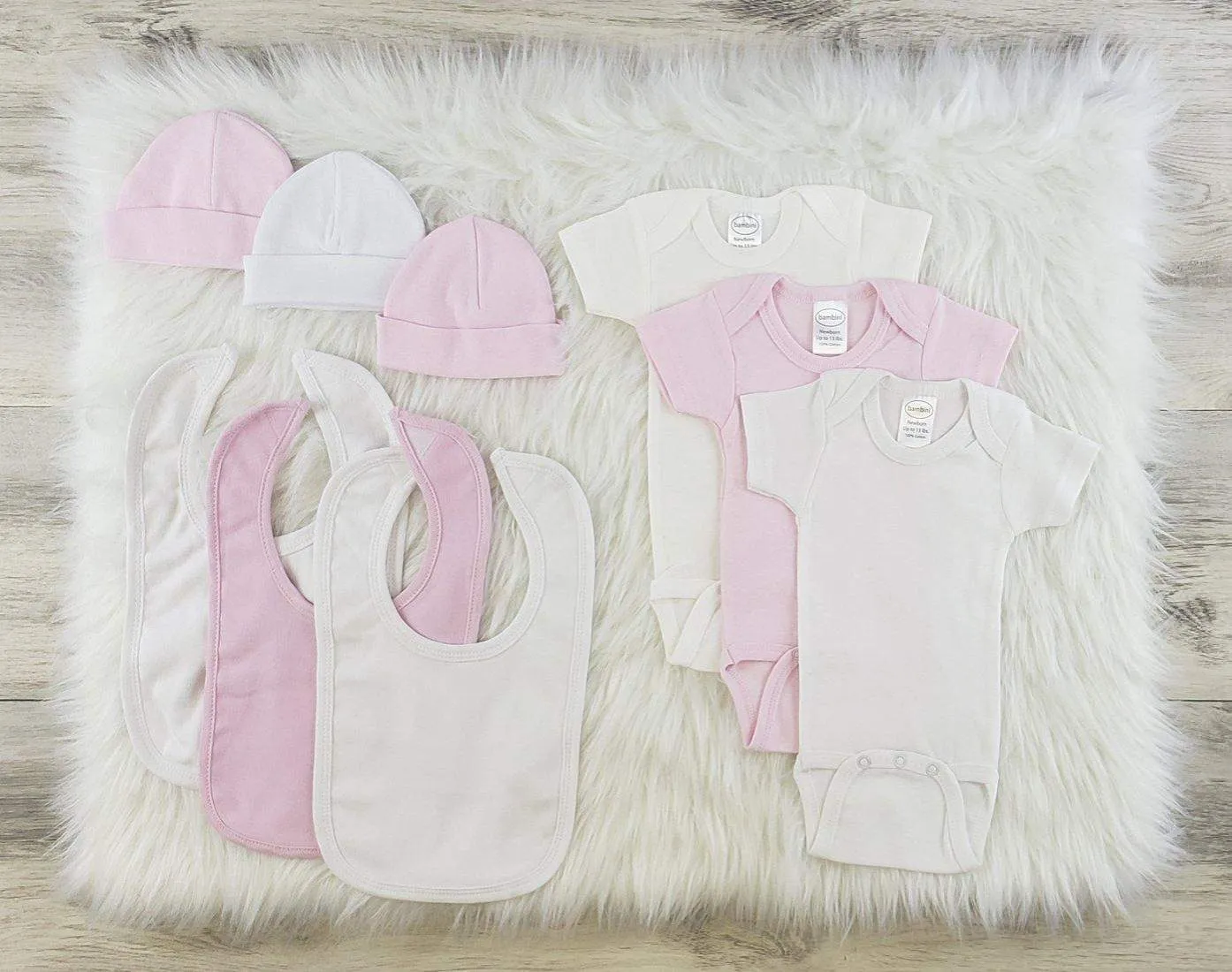 Bambini 9 Pc Girl Layette Bibs, Beanies, Onesies Baby Clothes Set (NB,S,M,L)