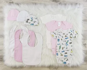 Bambini 9 Pc Girl Layette Bibs, Beanies, Onesies Baby Clothes Set (NB,S,M,L)