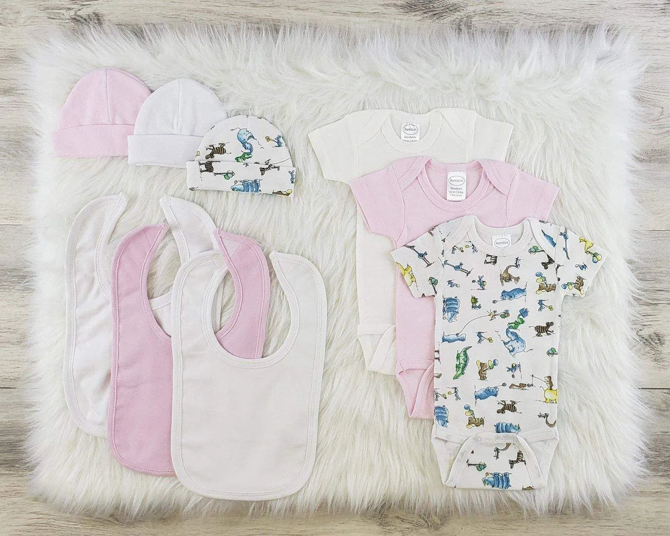 Bambini 9 Pc Girl Layette Bibs, Beanies, Onesies Baby Clothes Set (NB,S,M,L)