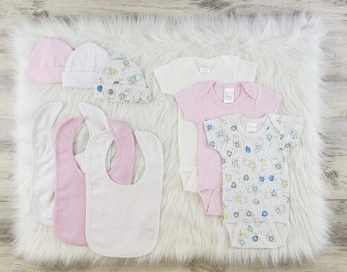 Bambini 9 Pc Girl Layette Bibs, Beanies, Onesies Baby Clothes Set (NB,S,M,L)