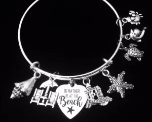 Beach Expandable Charm Bracelet Nautical Jewelry One Size Fits All Gift Adjustable Wire Bangle Beach Chair Sand Castle Star Fish Shell Turtle Crab Dolphin