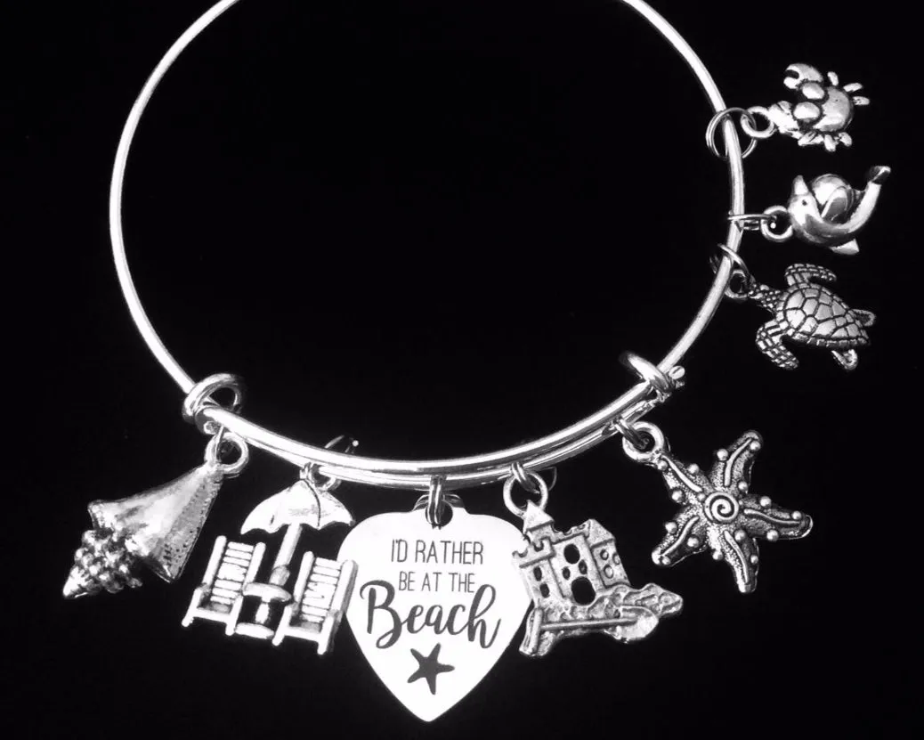 Beach Expandable Charm Bracelet Nautical Jewelry One Size Fits All Gift Adjustable Wire Bangle Beach Chair Sand Castle Star Fish Shell Turtle Crab Dolphin