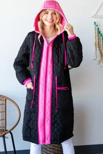 Black   Hot Pink Long Quilted Coat