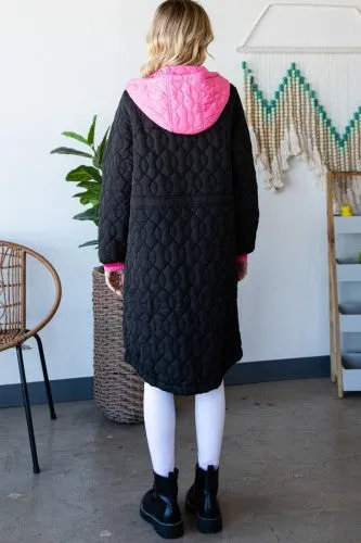 Black   Hot Pink Long Quilted Coat