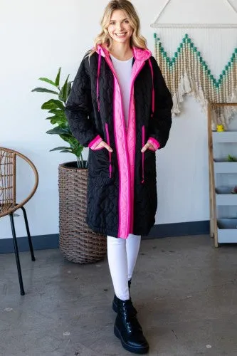 Black   Hot Pink Long Quilted Coat