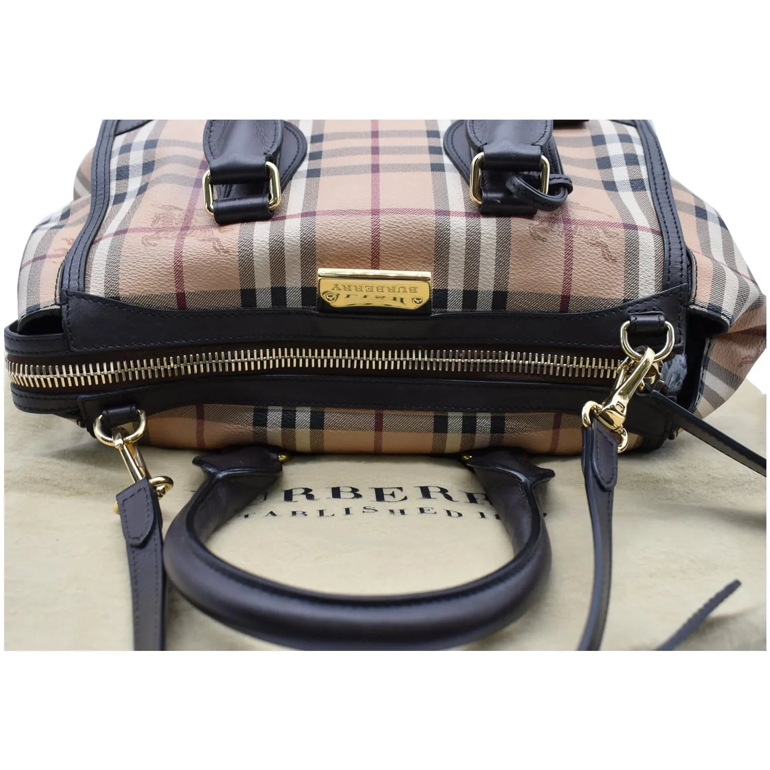 BURBERRY Gladstone Haymarket Check Leather Tote Shoulder Bag Chocolate