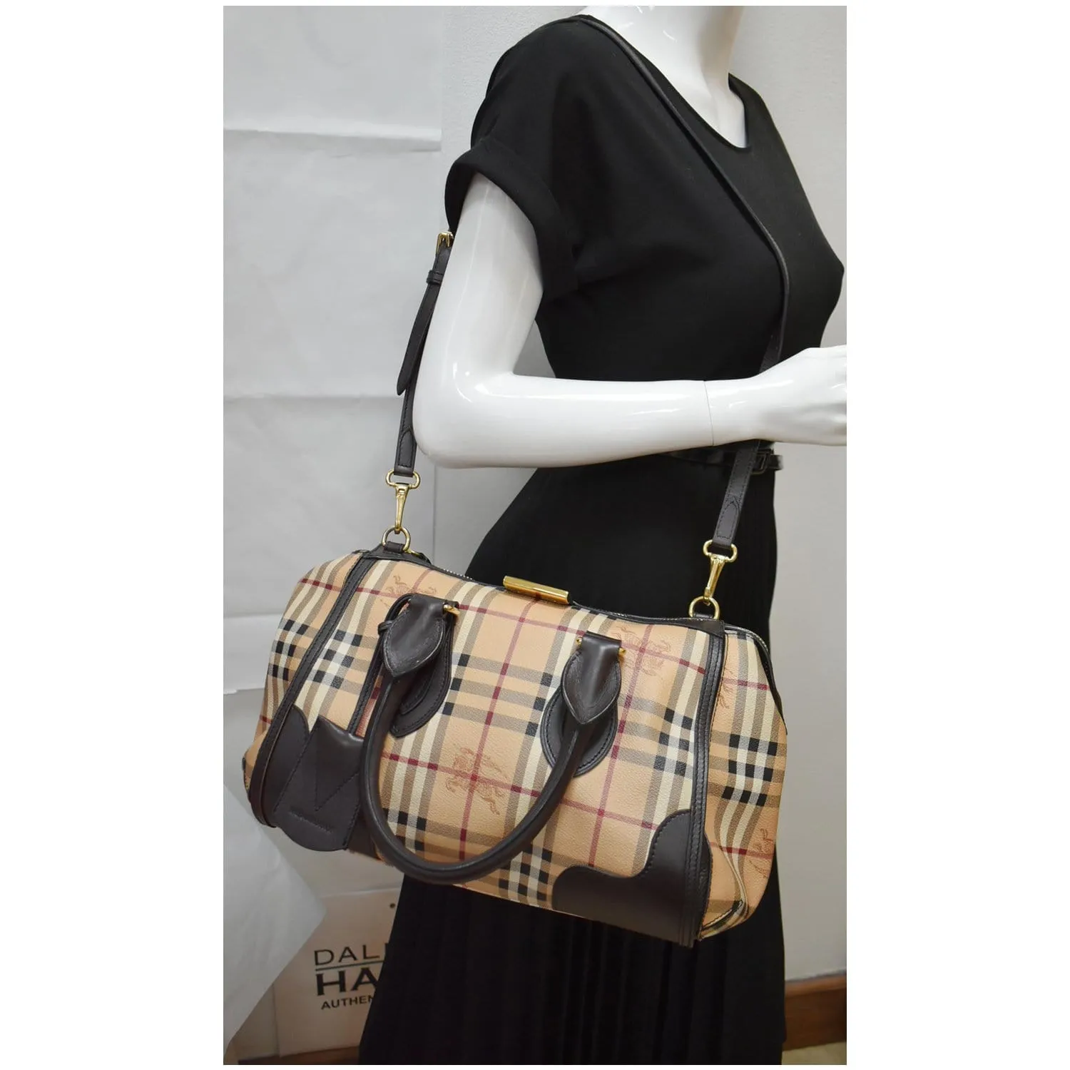 BURBERRY Gladstone Haymarket Check Leather Tote Shoulder Bag Chocolate