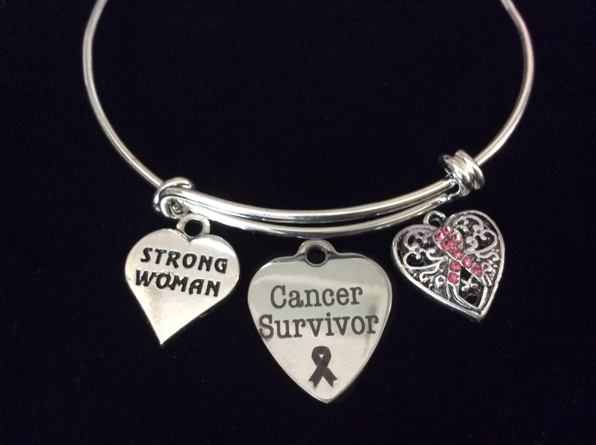 Cancer Survivor Strong Woman Pink Awareness Heart Expandable Silver Charm Bracelet Adjustable Bangle Gift Breast Cancer