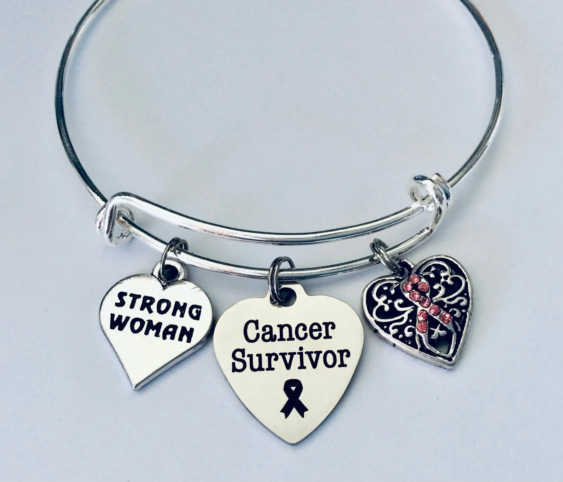 Cancer Survivor Strong Woman Pink Awareness Heart Expandable Silver Charm Bracelet Adjustable Bangle Gift Breast Cancer
