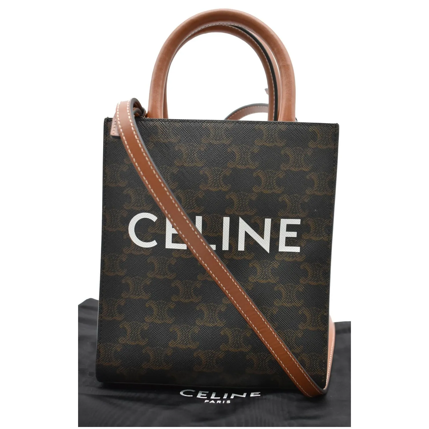 CELINE Triomphe Vertical Cabas Small Calfskin Canvas Shoulder Bag Tan