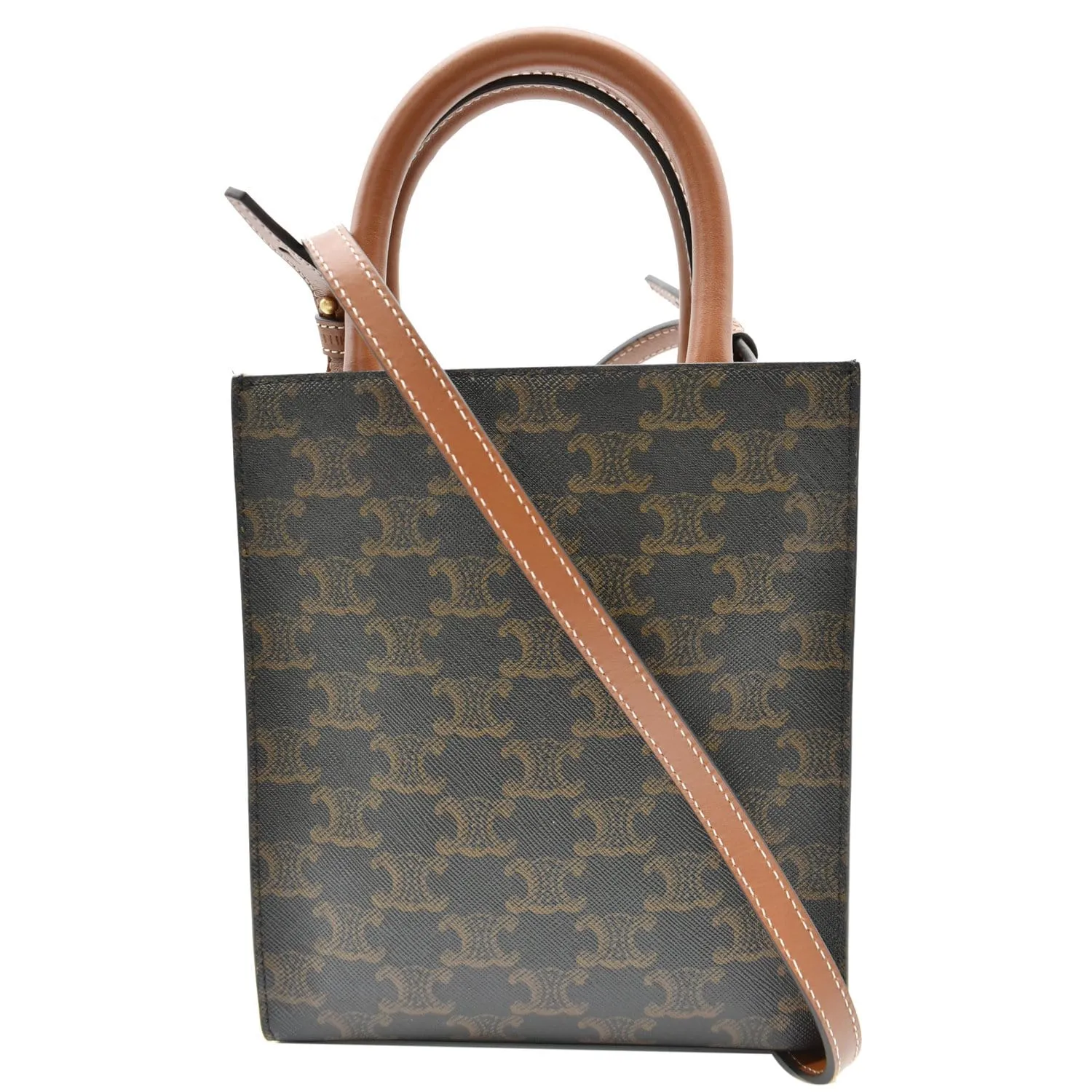 CELINE Triomphe Vertical Cabas Small Calfskin Canvas Shoulder Bag Tan