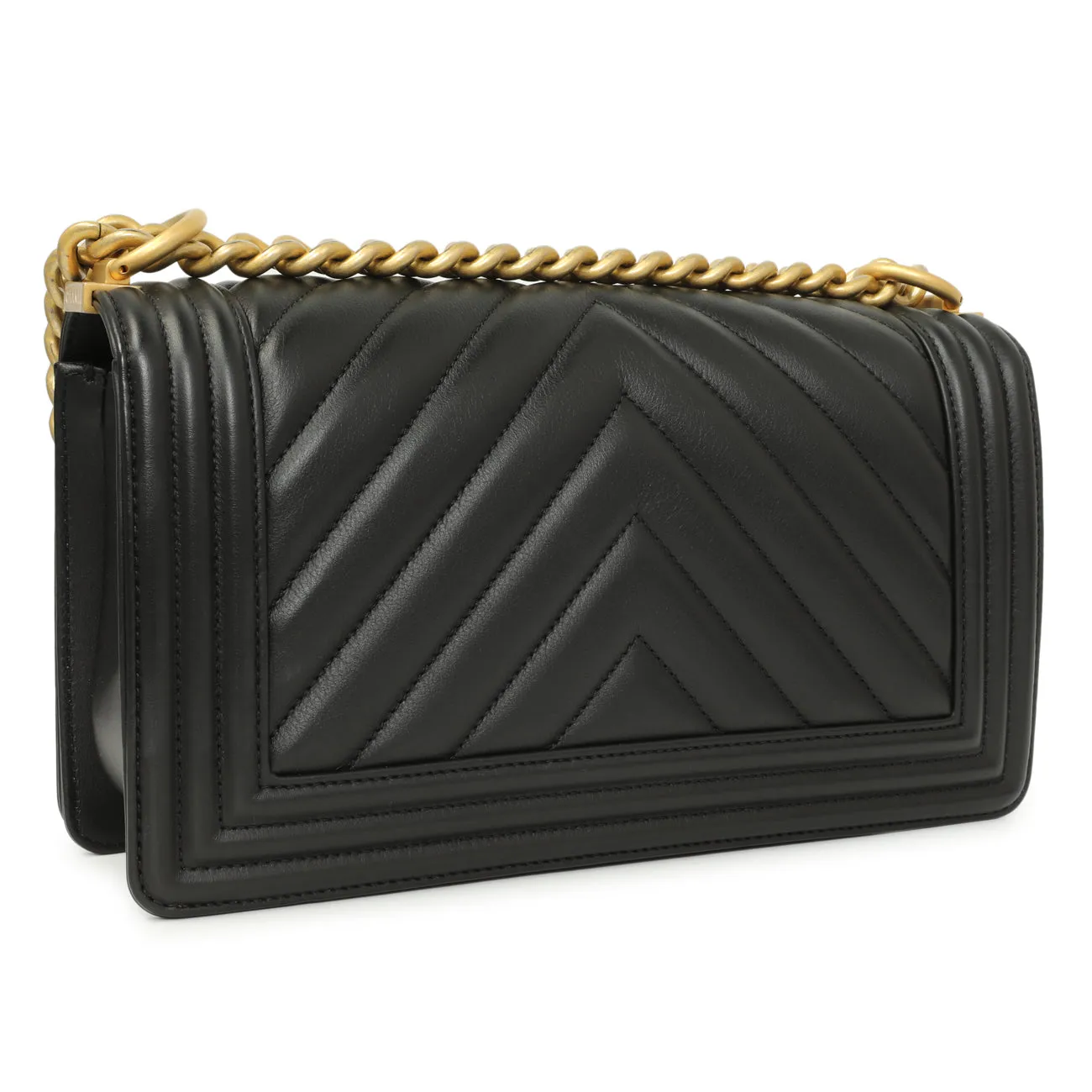 Chanel Black Calfskin Chevron Quilted Medium Boy Bag