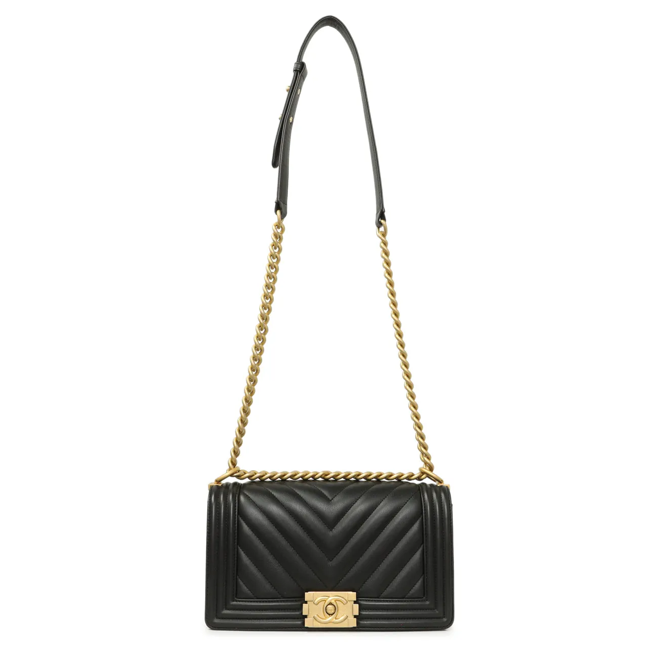 Chanel Black Calfskin Chevron Quilted Medium Boy Bag