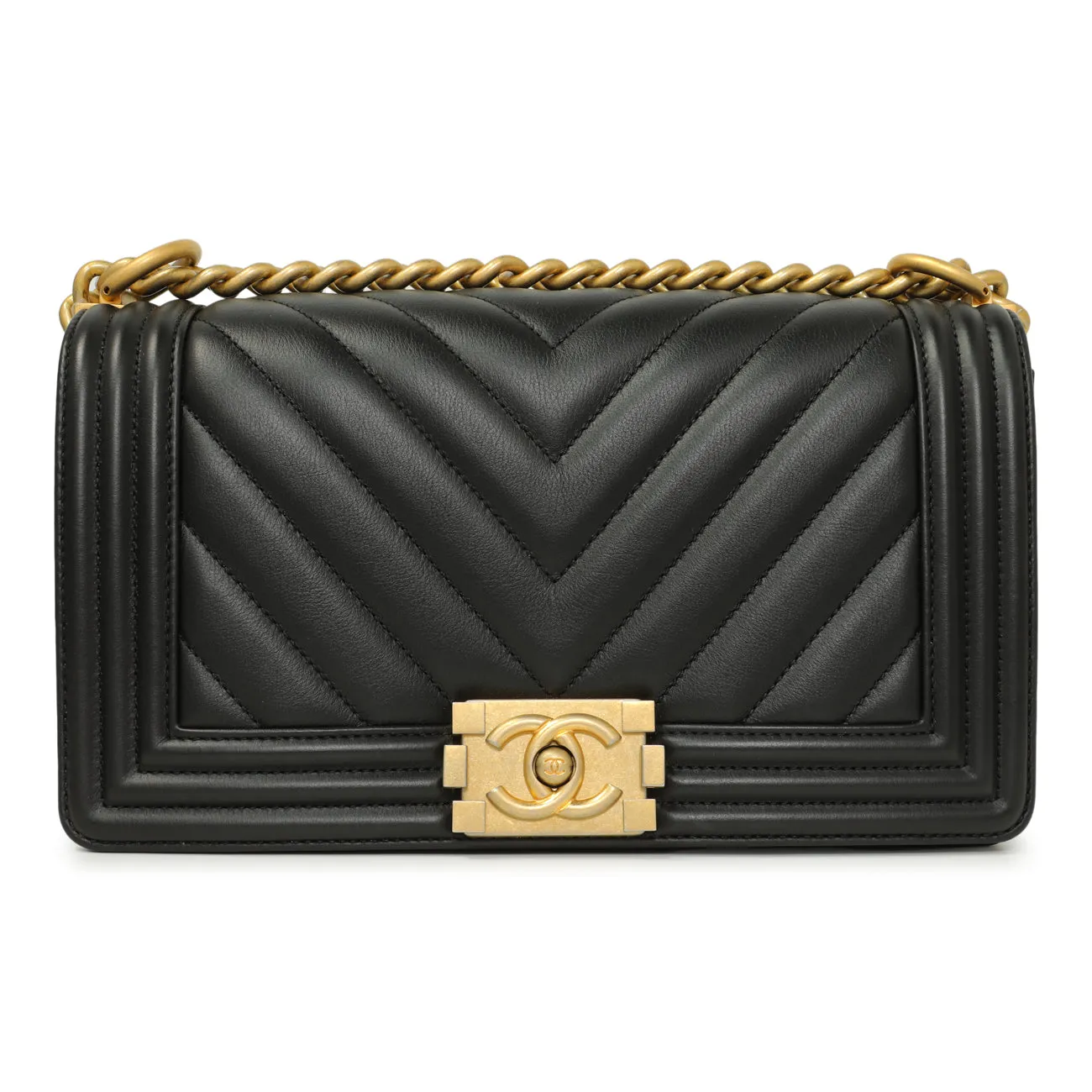 Chanel Black Calfskin Chevron Quilted Medium Boy Bag