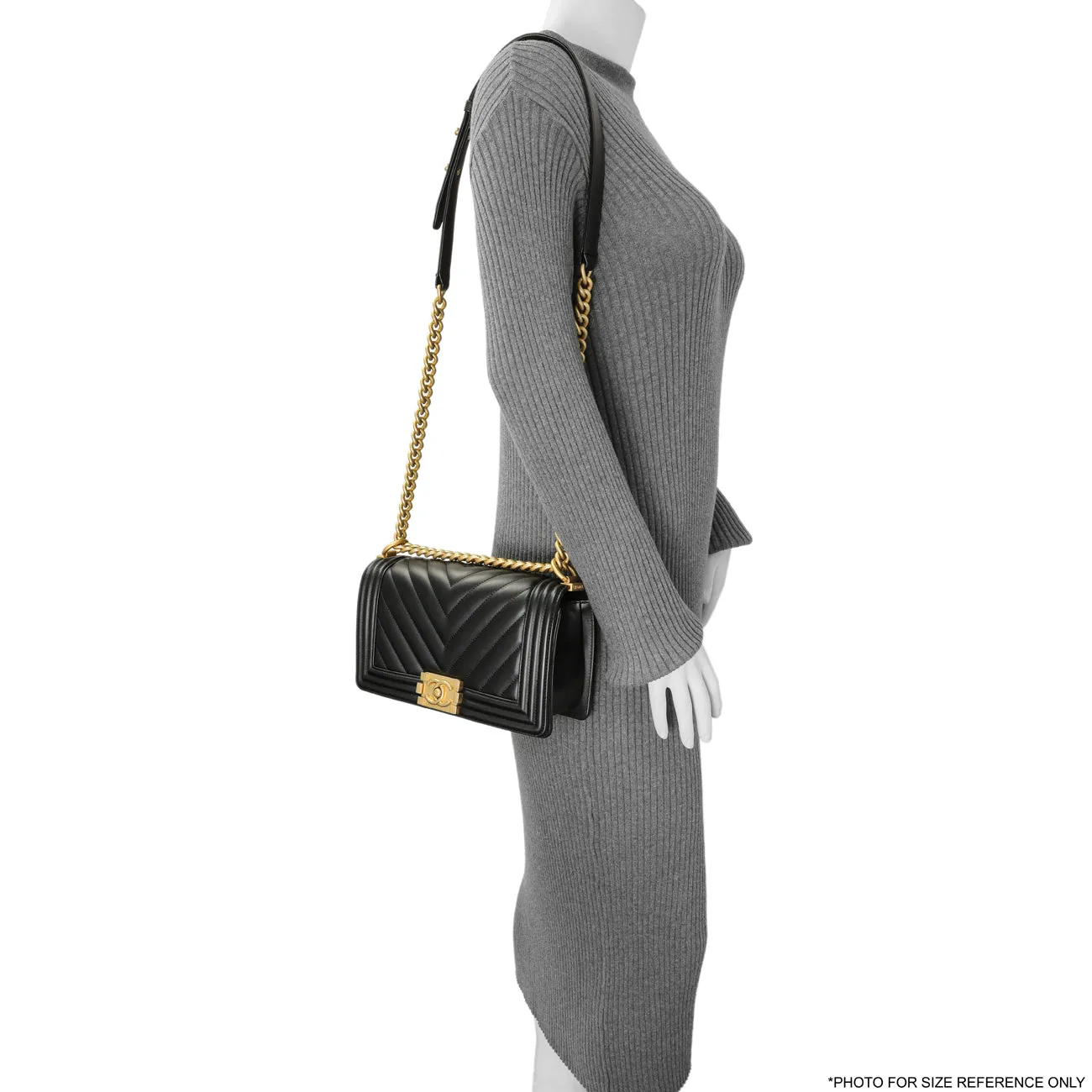 Chanel Black Calfskin Chevron Quilted Medium Boy Bag