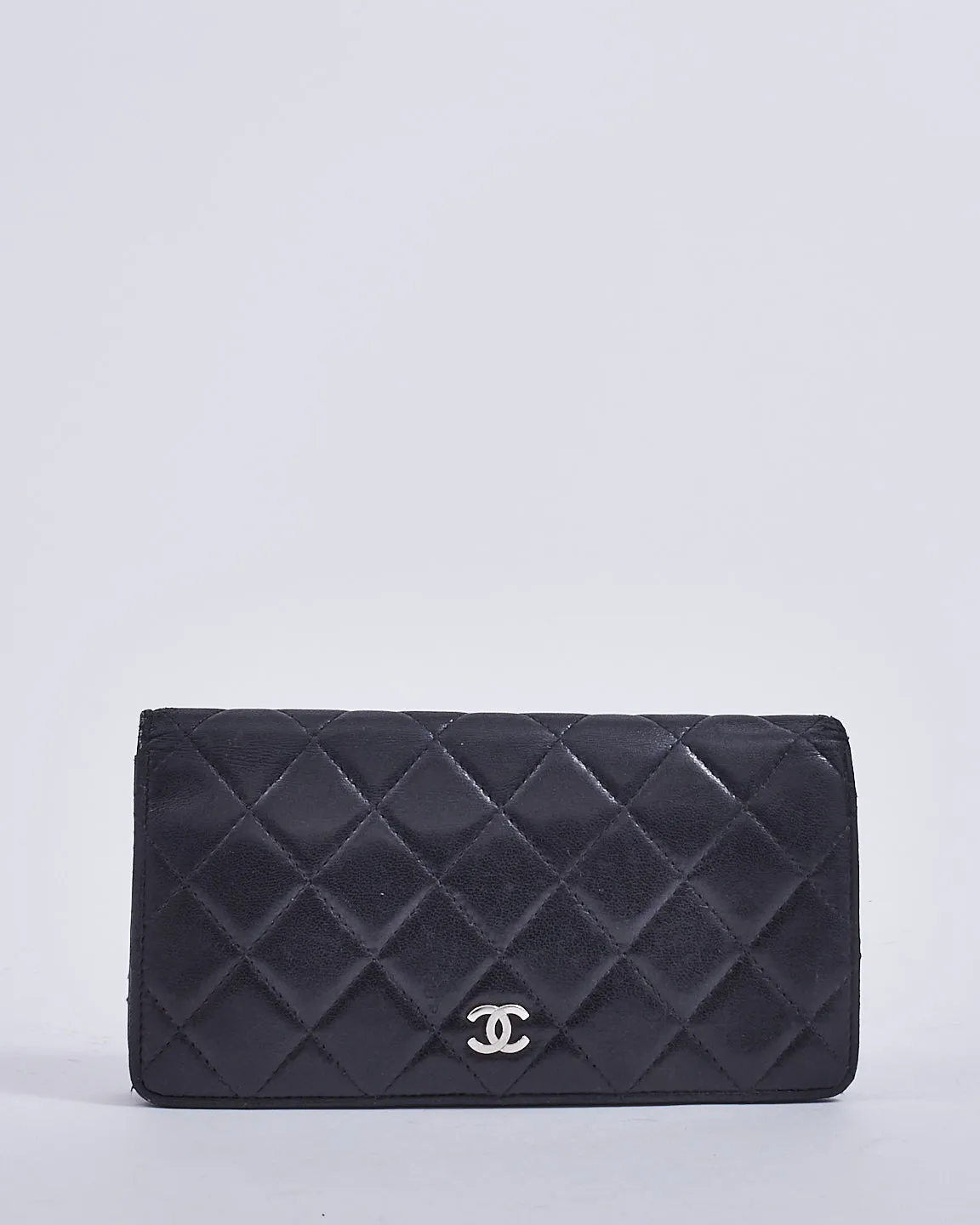 Chanel Black Lambskin Quilted Leather Logo Long Bi-Fold Wallet