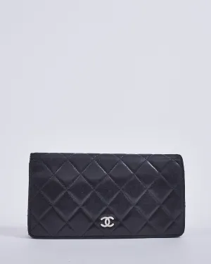 Chanel Black Lambskin Quilted Leather Logo Long Bi-Fold Wallet