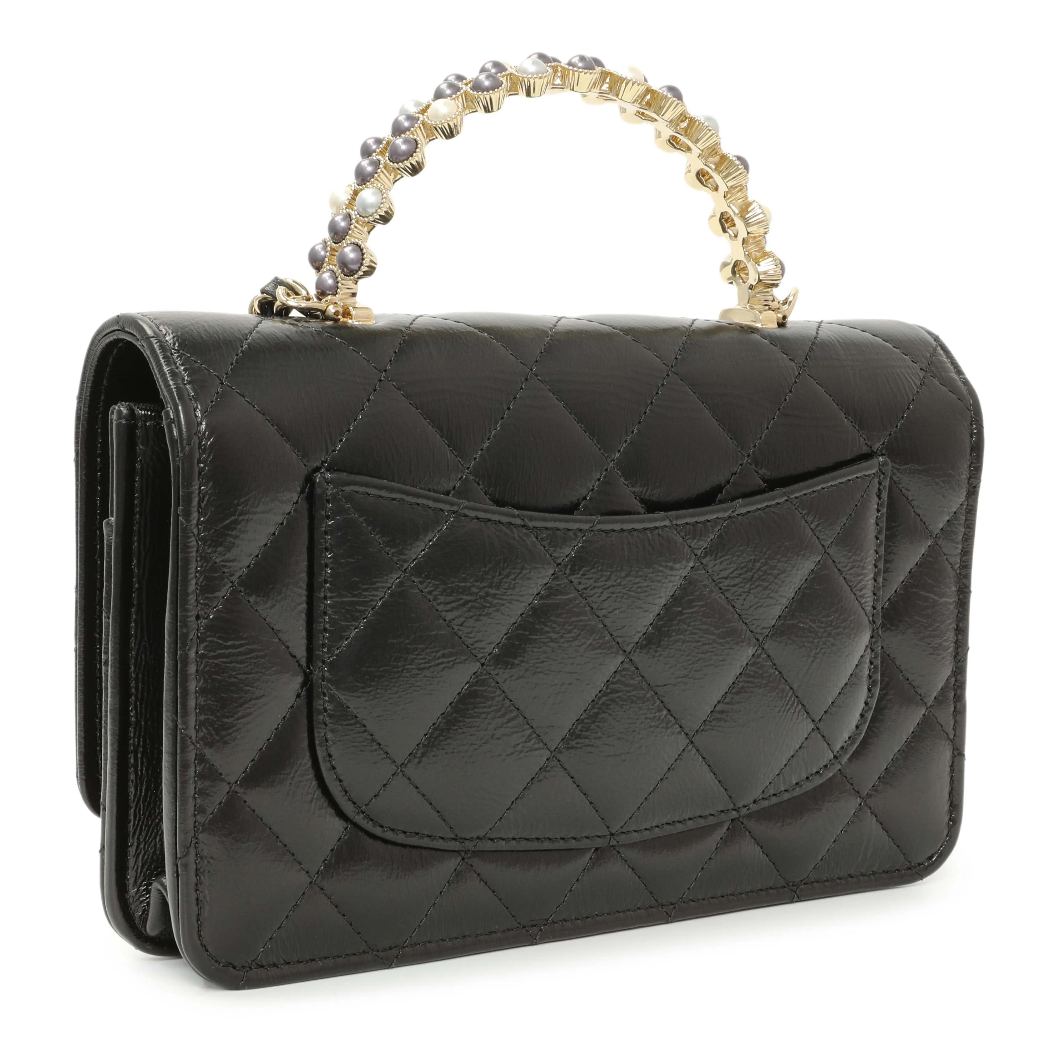 Chanel Black Quilted Crumpled Lambskin Pearl Top Handle Wallet on Chain WOC