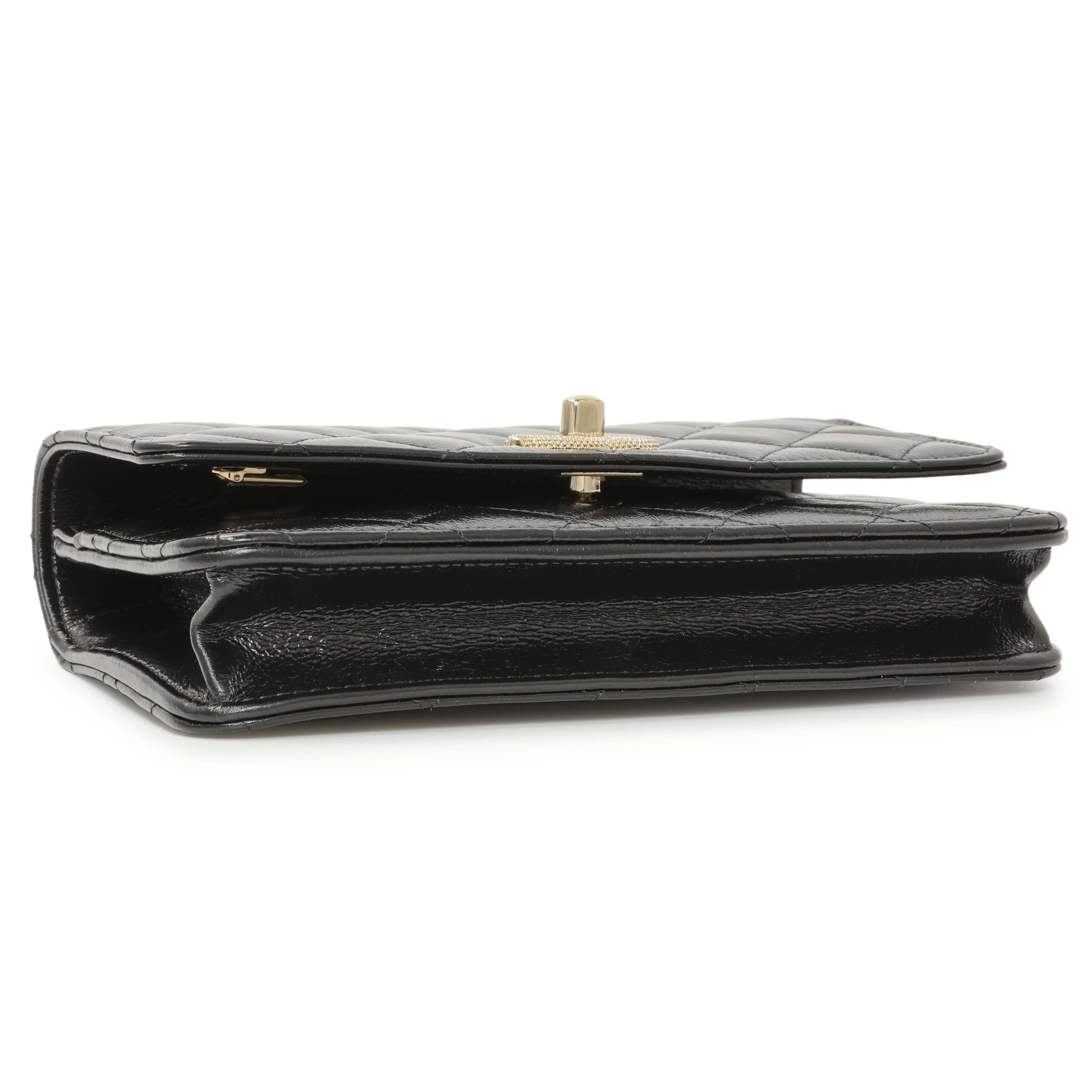 Chanel Black Quilted Crumpled Lambskin Pearl Top Handle Wallet on Chain WOC