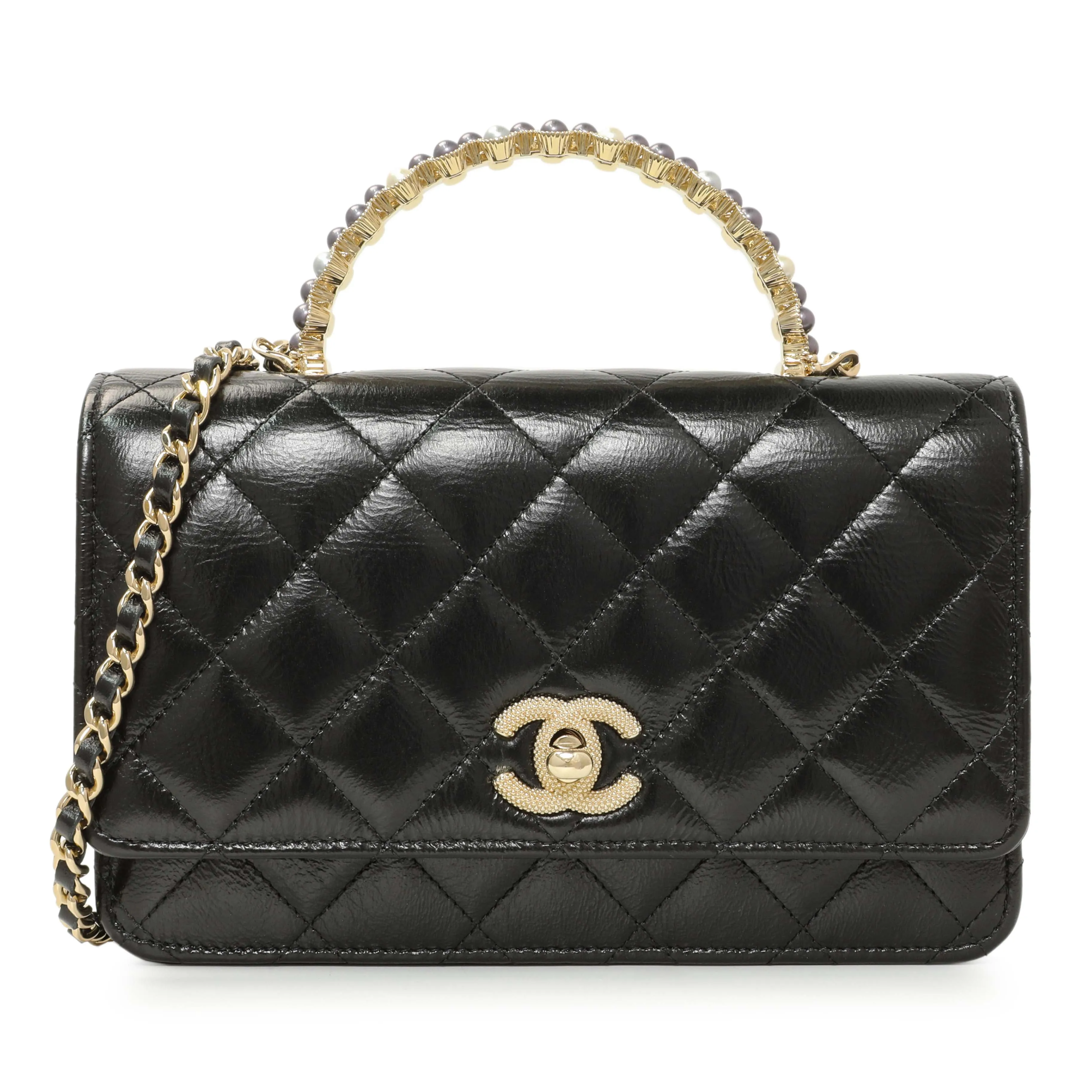 Chanel Black Quilted Crumpled Lambskin Pearl Top Handle Wallet on Chain WOC