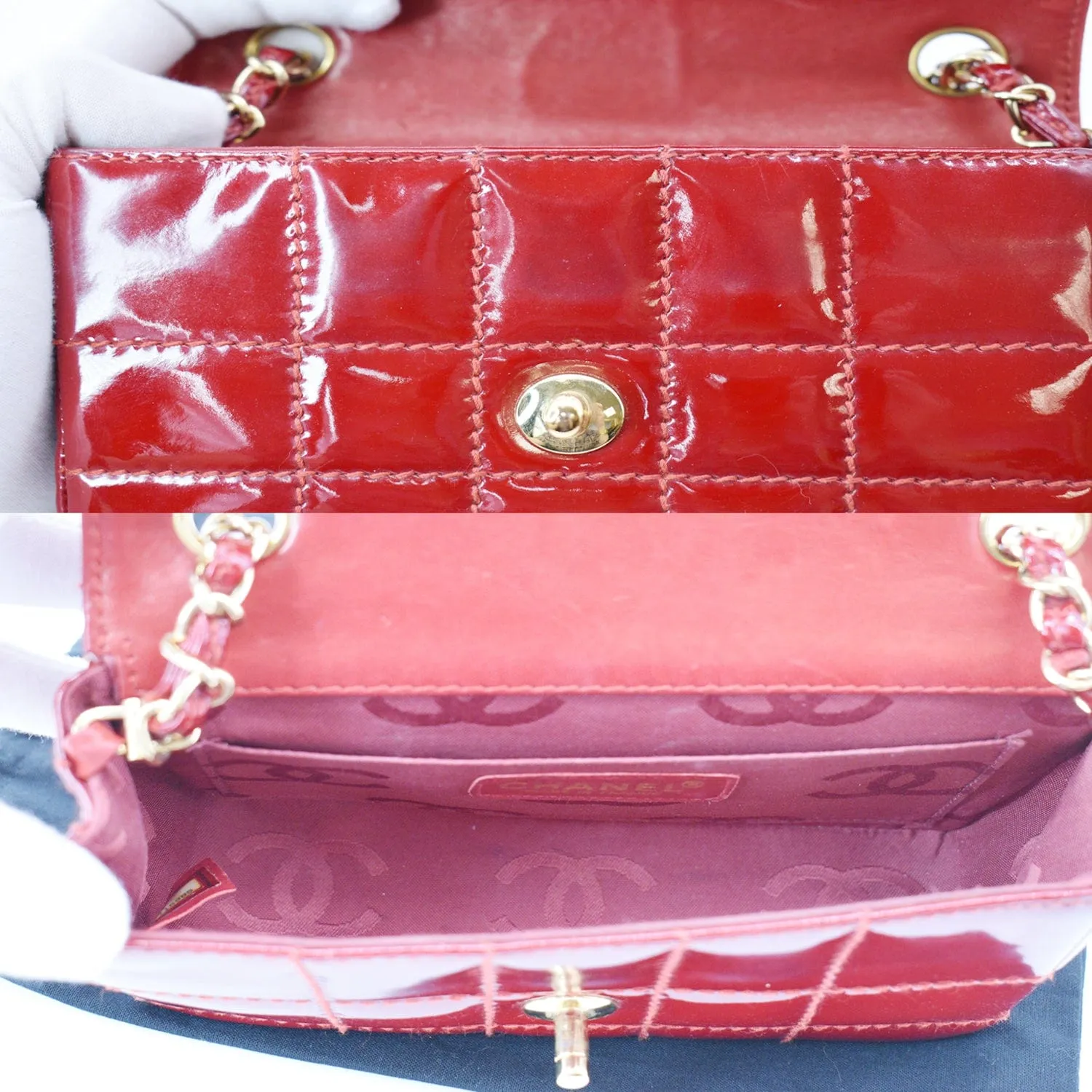 CHANEL Chocolate Bar Small Patent Leather Flap Shoulder Bag Red