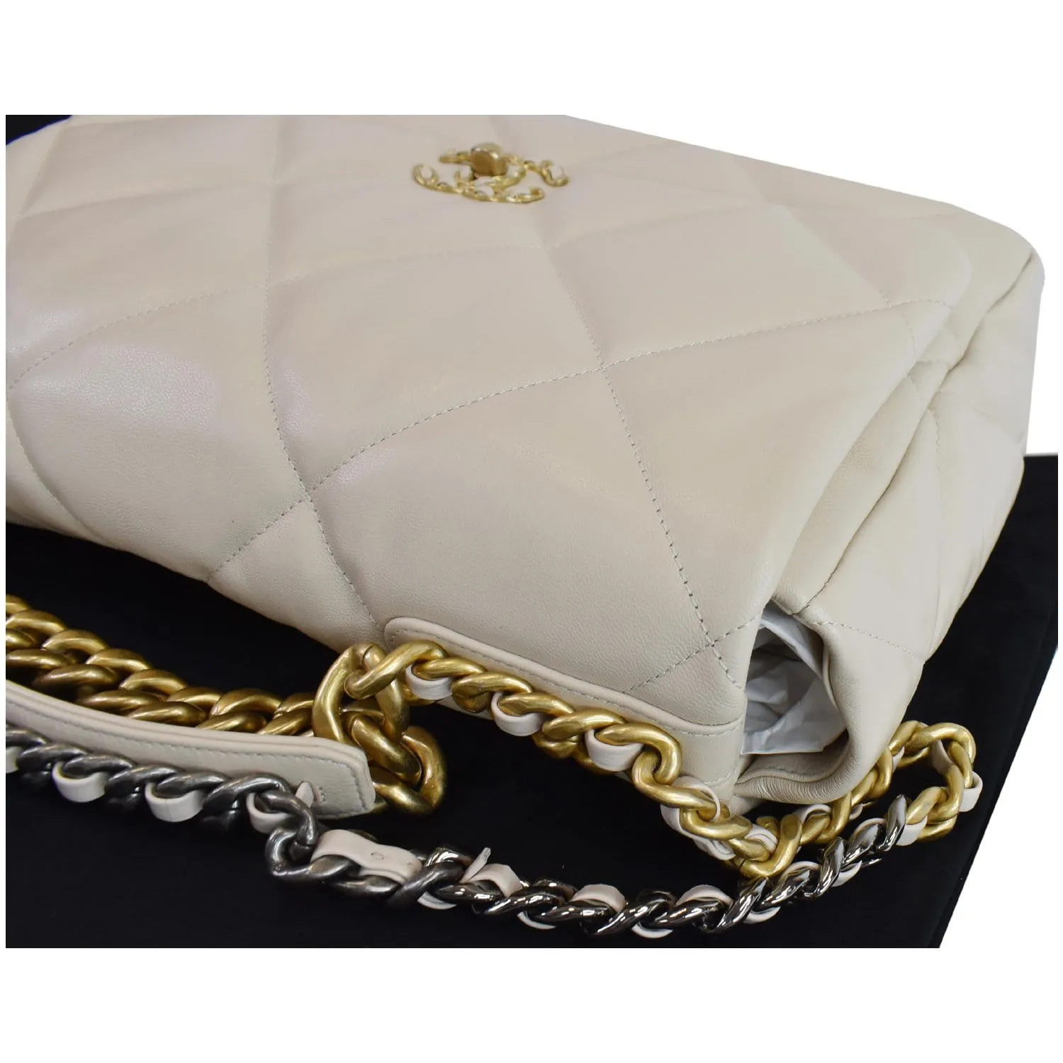 CHANEL Maxi 19 Quilted Goatskin Leather Shoulder Bag Beige
