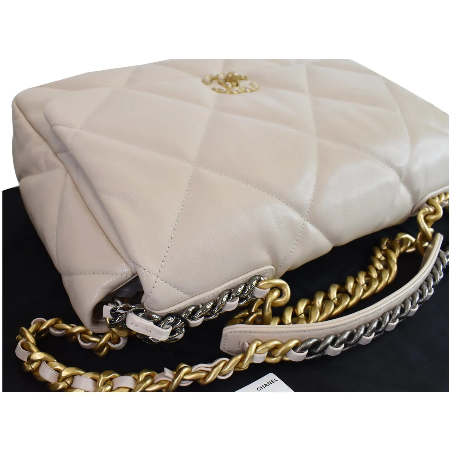 CHANEL Maxi 19 Quilted Goatskin Leather Shoulder Bag Beige