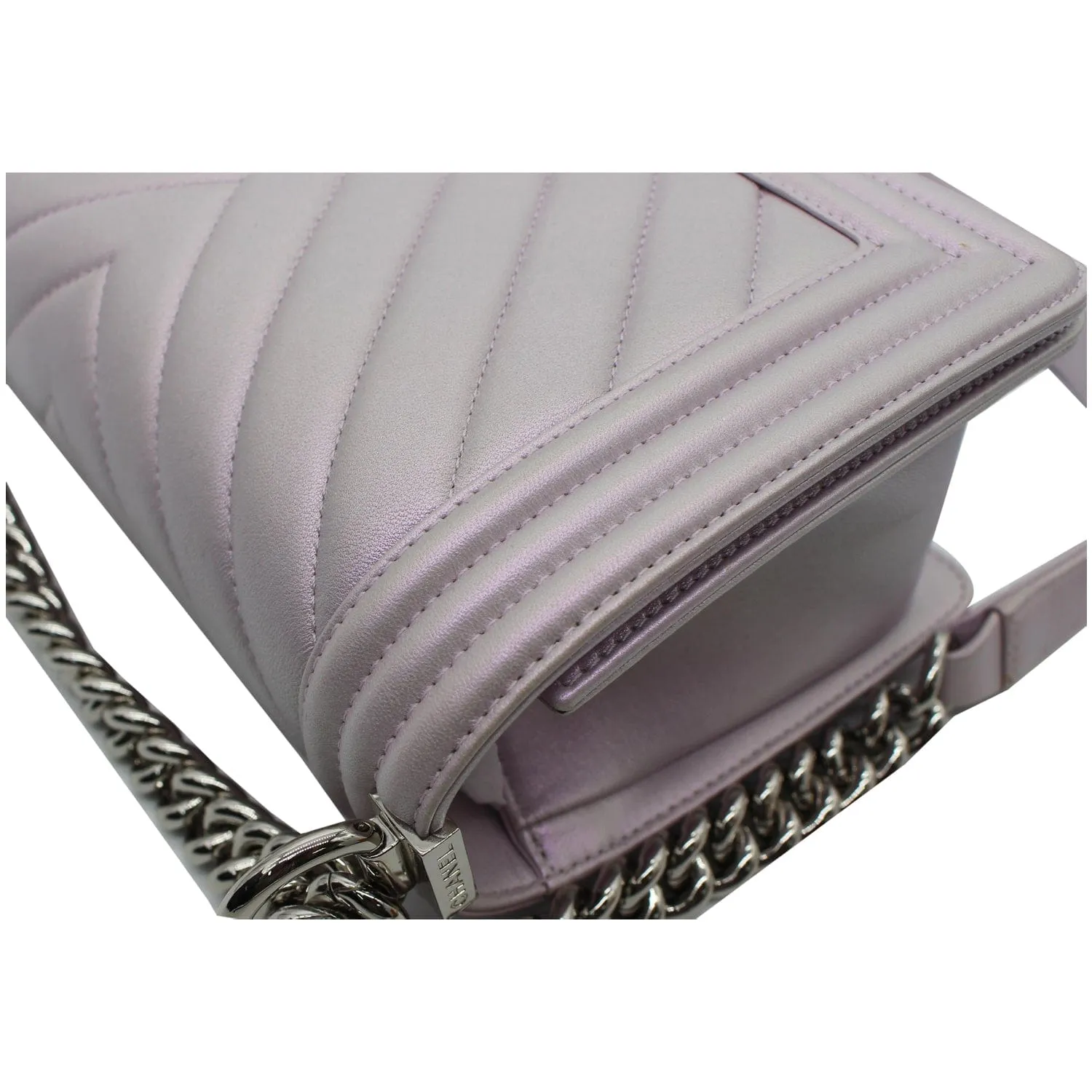 CHANEL Medium Boy Flap Chevron Leather Shoulder Bag Iridescent Lilac