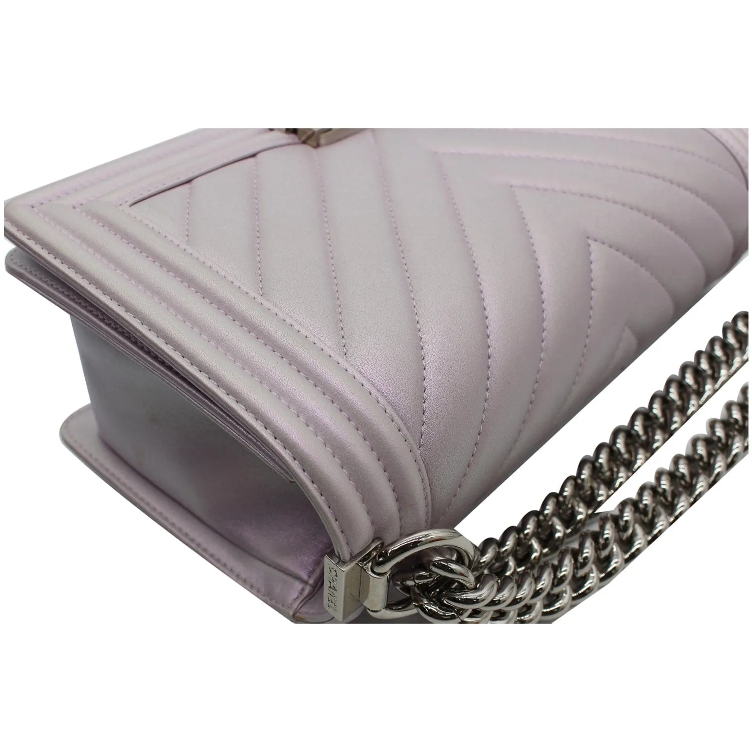 CHANEL Medium Boy Flap Chevron Leather Shoulder Bag Iridescent Lilac